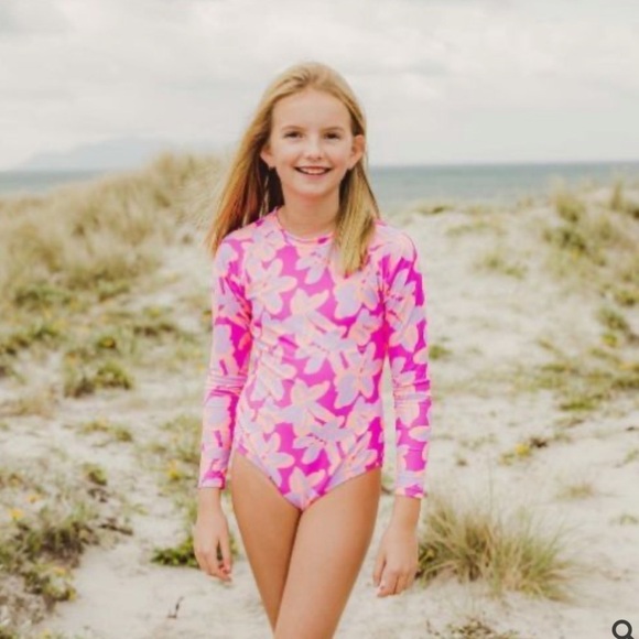 Snapper Rock Girls Hibiscus Hype Long Sleeve Pink Swimsuit Rash Guard 14 - Picture 1 of 11